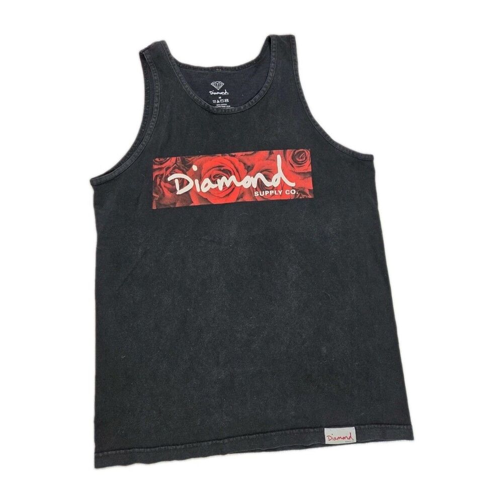 Diamond Supply Co Rose Box Logo Tank Top Black Red Floral Graphic Cotton Mens M